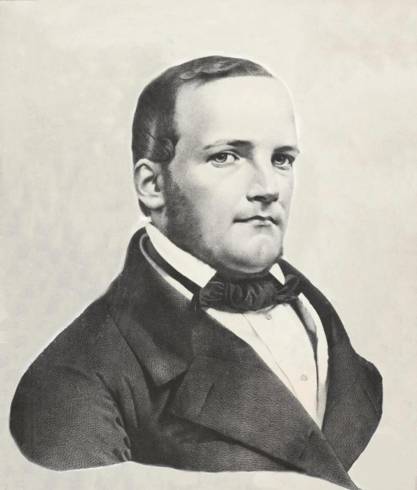 Kompozytor Stanisław Moniuszko ubrany w czarny surdut i apaszkę