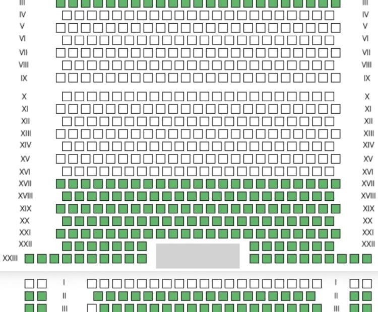 Graficzny plan sali w Bielskim Cenrum Kultury z zaznaczonymi na zielono wolnymi miejscami do sprzedaży